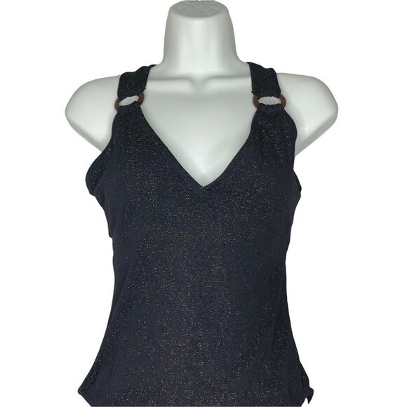 Jessica Simpson V Neck One Piece Tie Back Swimsuit Black Copper Metallic SZ M - Picture 3 of 7